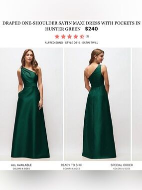ALFRED SUNG Hunter Green One-Shoulder Satin Maxi Dress